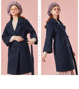 Women Double-Breasted Trench Coat Women's Wool Blend Coat Slant Pocket Silky Polyester Lined