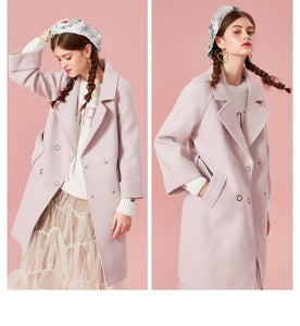 Women Double-Breasted Trench Coat Women's Wool Blend Coat Slant Pocket Silky Polyester Lined