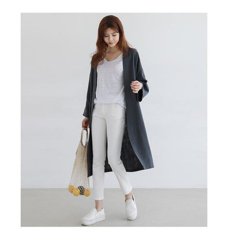 Medium Long Cotton Linen Sun Protection Clothing Female Autumn Loose Thin Over Knee Cardigan Trench Coat