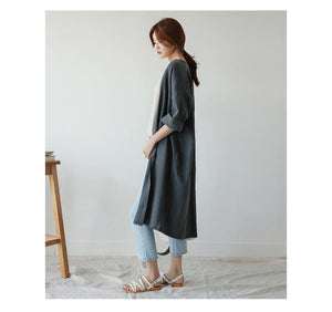 Medium Long Cotton Linen Sun Protection Clothing Female Autumn Loose Thin Over Knee Cardigan Trench Coat