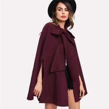Load image into Gallery viewer, Elegant Woman Fall Coat Burgundy Long Sleeve Slit Back Tied Front Cape Coat