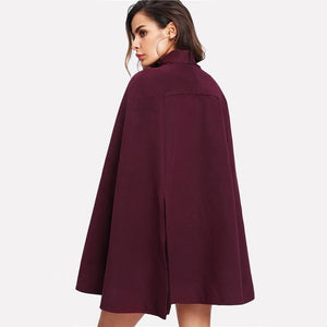 Elegant Woman Fall Coat Burgundy Long Sleeve Slit Back Tied Front Cape Coat