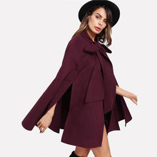 Load image into Gallery viewer, Elegant Woman Fall Coat Burgundy Long Sleeve Slit Back Tied Front Cape Coat