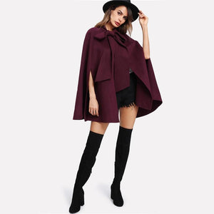 Elegant Woman Fall Coat Burgundy Long Sleeve Slit Back Tied Front Cape Coat