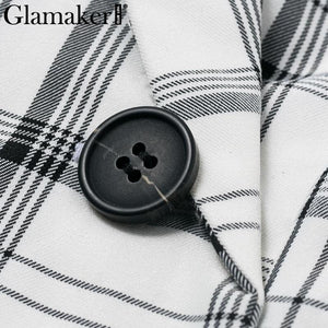 Sexy Plaid Deep V Neck Office Blazer Women Autumn Double Breasted Trench Coat