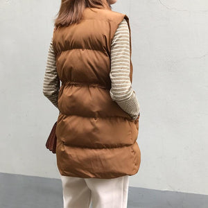 Winter Long Sleeveless Vest Coats Women Stand Neck Slim Cotton Padded Jacket