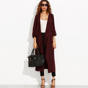 Burgundy Belted Rolled Up Split Back Self Tie Long Trench Coat Elegant Office Lady Outerwear