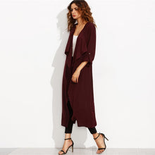 Load image into Gallery viewer, Burgundy Belted Rolled Up Split Back Self Tie Long Trench Coat Elegant Office Lady Outerwear
