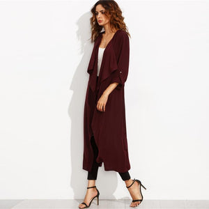 Burgundy Belted Rolled Up Split Back Self Tie Long Trench Coat Elegant Office Lady Outerwear