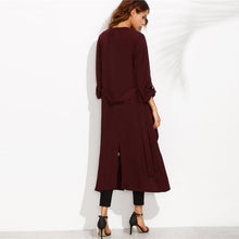 Load image into Gallery viewer, Burgundy Belted Rolled Up Split Back Self Tie Long Trench Coat Elegant Office Lady Outerwear