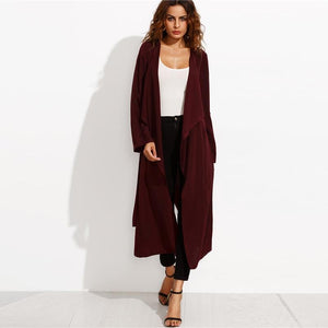 Burgundy Belted Rolled Up Split Back Self Tie Long Trench Coat Elegant Office Lady Outerwear