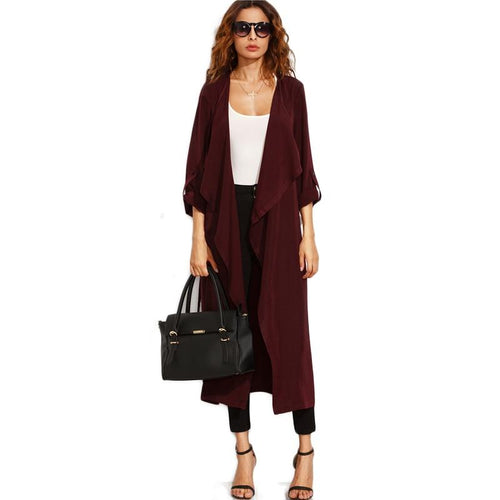 Burgundy Belted Rolled Up Split Back Self Tie Long Trench Coat Elegant Office Lady Outerwear