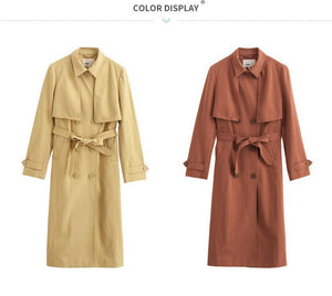 2019 Spring Autumn England Retro Style Turn Down Collar Show Waist With Belt Women Long Trench Coat