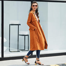 Load image into Gallery viewer, Suede Self Tie Duster Trench Coat Long Sleeve Wrap Long Outer Belt Women Casual Fall Winter Workwear Coat