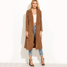 Load image into Gallery viewer, Suede Self Tie Duster Trench Coat Long Sleeve Wrap Long Outer Belt Women Casual Fall Winter Workwear Coat