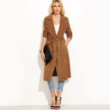 Load image into Gallery viewer, Suede Self Tie Duster Trench Coat Long Sleeve Wrap Long Outer Belt Women Casual Fall Winter Workwear Coat