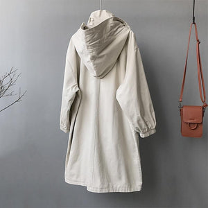 Autumn Woman Coat Hooded Single Breasted Slim Padded Windbreaker Long Chic Korean Overcoat