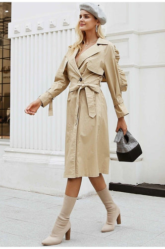 2018 Neck Khaki Long Trench Coat Women Side Ruffles Sleeves Coats High Street Cotton Outwear Autumn Winter