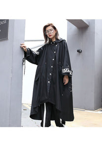 2019 Spliced Black Trench Women Tide Long Print Streetwear Hoodie Casual Female Wide Waisted Coat