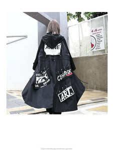 2019 Spliced Black Trench Women Tide Long Print Streetwear Hoodie Casual Female Wide Waisted Coat
