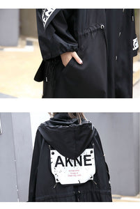 2019 Spliced Black Trench Women Tide Long Print Streetwear Hoodie Casual Female Wide Waisted Coat
