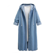 Load image into Gallery viewer, Women Loose Long Sleeve Hooded Denim Jacket Coat Ladies Casual Buttons Long Jean Coat Cardigan Outwear Tops