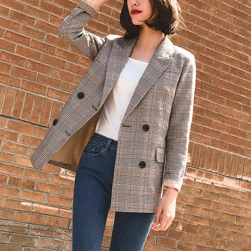 Vintage Double Breasted Plaid Women Blazer Pockets Jackets Female Retro Suits Coat