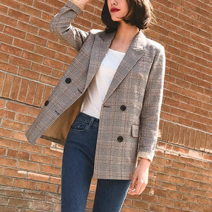 Vintage Double Breasted Plaid Women Blazer Pockets Jackets Female Retro Suits Coat