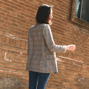 Vintage Double Breasted Plaid Women Blazer Pockets Jackets Female Retro Suits Coat