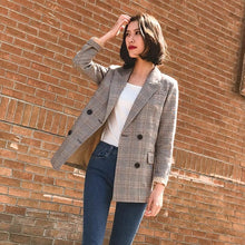 Load image into Gallery viewer, Vintage Double Breasted Plaid Women Blazer Pockets Jackets Female Retro Suits Coat