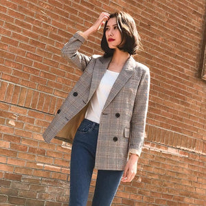 Vintage Double Breasted Plaid Women Blazer Pockets Jackets Female Retro Suits Coat