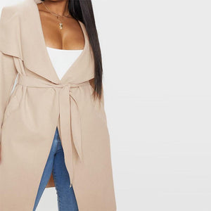Stylish Simplicity Oversized Suit Collar Lace Waist Sports Leisure Solid Coat