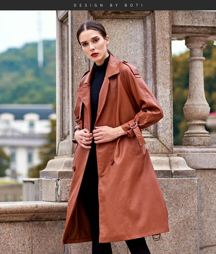 2019 Autumn And Winter New Women Leather Trench Brown Female Leather Coat