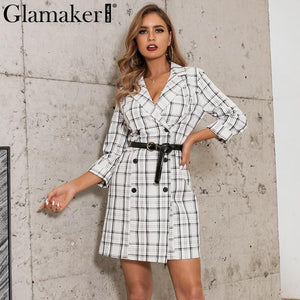 Sexy Plaid Deep V Neck Office Blazer Women Autumn Double Breasted Trench Coat