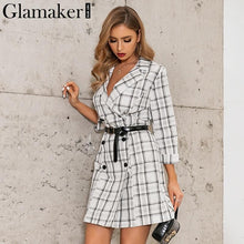 Load image into Gallery viewer, Sexy Plaid Deep V Neck Office Blazer Women Autumn Double Breasted Trench Coat