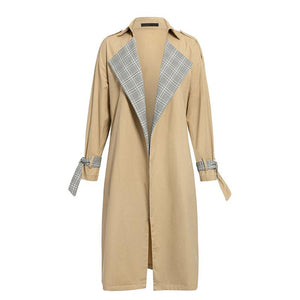 Elegant Trench Khaki Coat Autumn Winter Women Casual Plaid Long Overcoats Vintage Office Coat