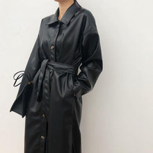 Load image into Gallery viewer, Cool PU Leather Long Jacket Autumn Women Loose Belt PU Leather Windbreaker Trench Coat