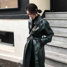 Load image into Gallery viewer, Cool PU Leather Long Jacket Autumn Women Loose Belt PU Leather Windbreaker Trench Coat