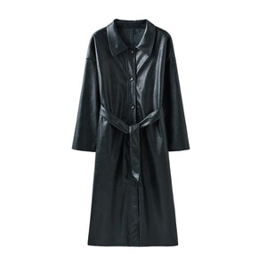 Cool PU Leather Long Jacket Autumn Women Loose Belt PU Leather Windbreaker Trench Coat