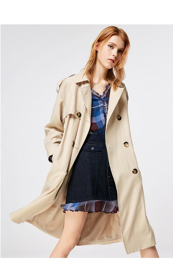 2019 Women's Double Breasted Solid Loose Fit Long Wind Coat