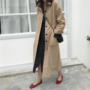 Women Autumn Long Sleeve Long Trench Coat Female Pocket Cardigan Straight Shirt Windbreaker Overcoat