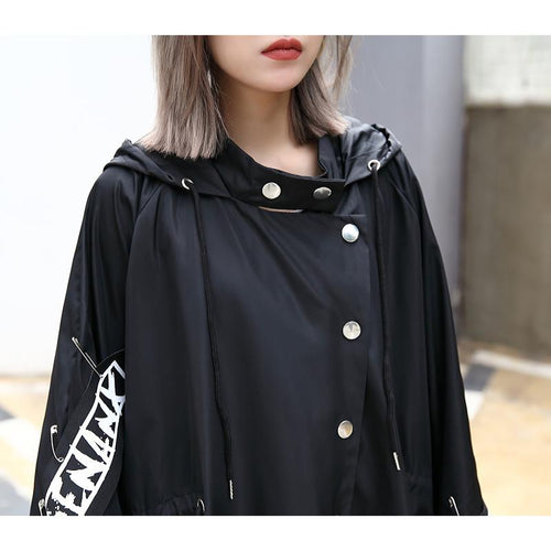 2019 Spliced Black Trench Women Tide Long Print Streetwear Hoodie Casual Female Wide Waisted Coat