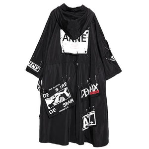 2019 Spliced Black Trench Women Tide Long Print Streetwear Hoodie Casual Female Wide Waisted Coat
