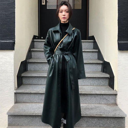 2019 Autumn Winter New Fashion PU Leather Streetwear Bandage Long Women Trench Coat