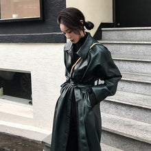 Load image into Gallery viewer, 2019 Autumn Winter New Fashion PU Leather Streetwear Bandage Long Women Trench Coat