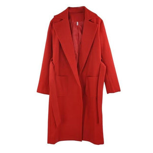 Elegant Long Women's Coat Lapel 2 Pockets Belted Jackets Solid Color Coats Female Outerwear