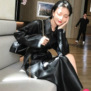 PU Leather Trench Coat Women Oversize Long Coat Korean Windbreaker Single Breasted Ladies Streetwear
