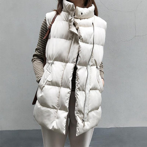 Winter Long Sleeveless Vest Coats Women Stand Neck Slim Cotton Padded Jacket