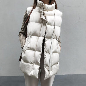 Winter Long Sleeveless Vest Coats Women Stand Neck Slim Cotton Padded Jacket