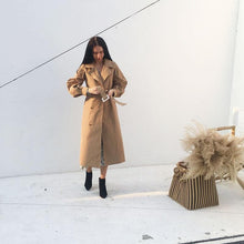 Load image into Gallery viewer, 2019 Autumn Woman Khaki Long Trench Coat Style Vintage Puff Sleeve Long Dust Coat Elegant Waist Bandage Windbreaker